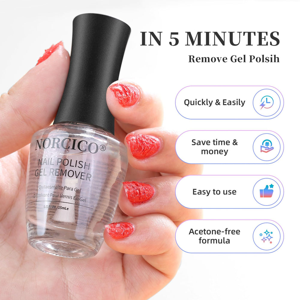 NORCICO gel polish remover application demonstrates quick 3-5 minute removal.