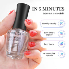 NORCICO gel polish remover application demonstrates quick 3-5 minute removal.