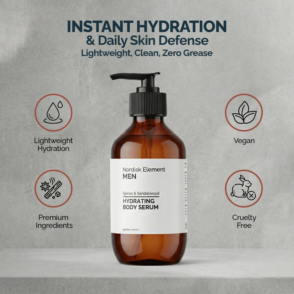 Nordisk Element Body Serum for Men label highlights vegan, clean ingredients.