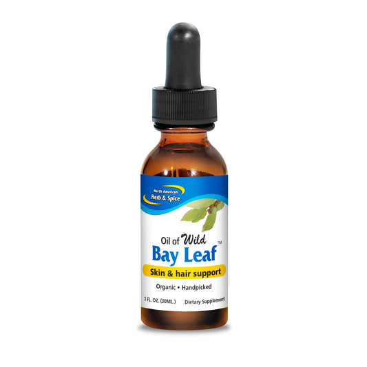 North American Herb & Spice Wild Oil of Bay Leaf bottle pour supports skin and mucous membranes health