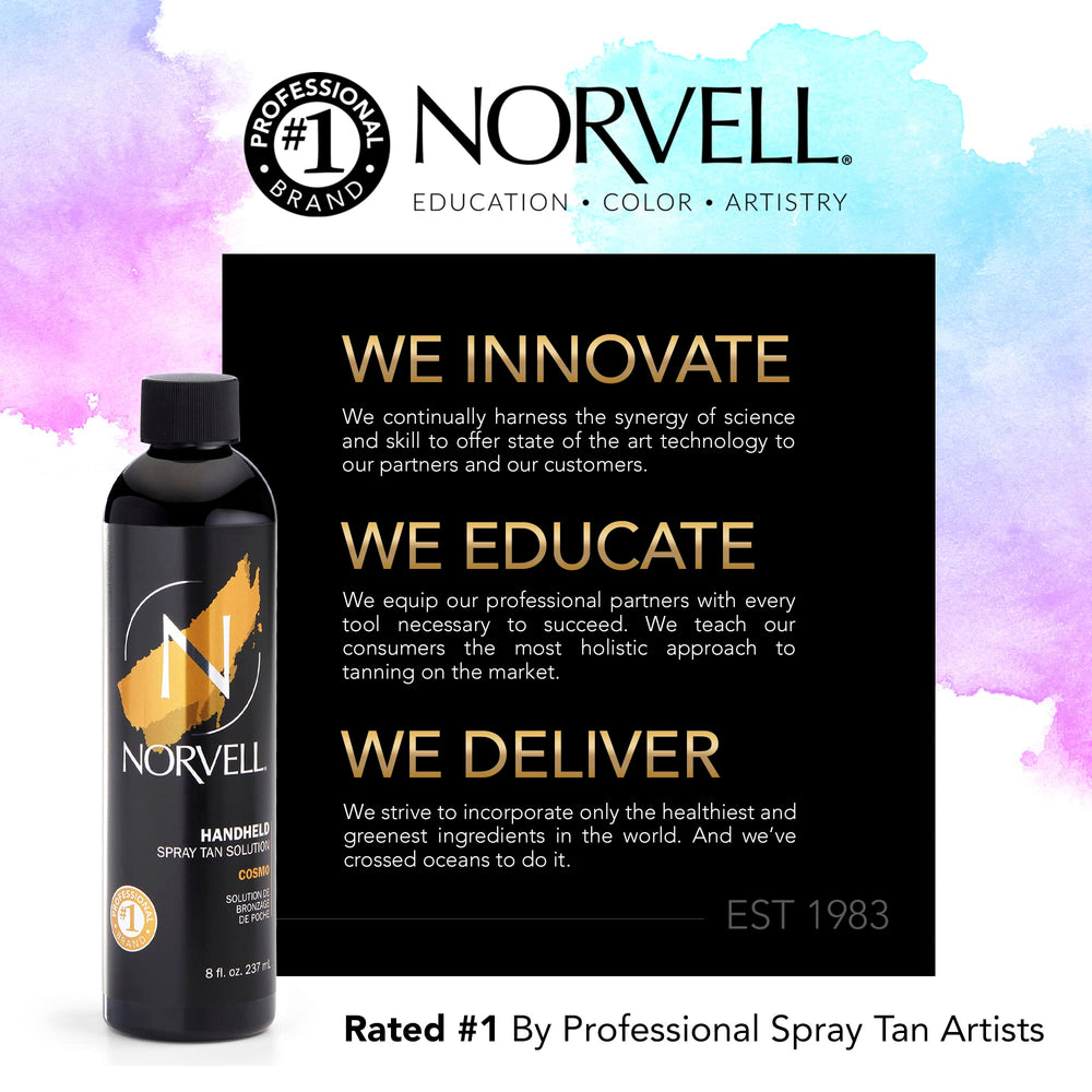 Norvell Cosmo spray tan color-bronze displays warm undertones with a violet brown tint
