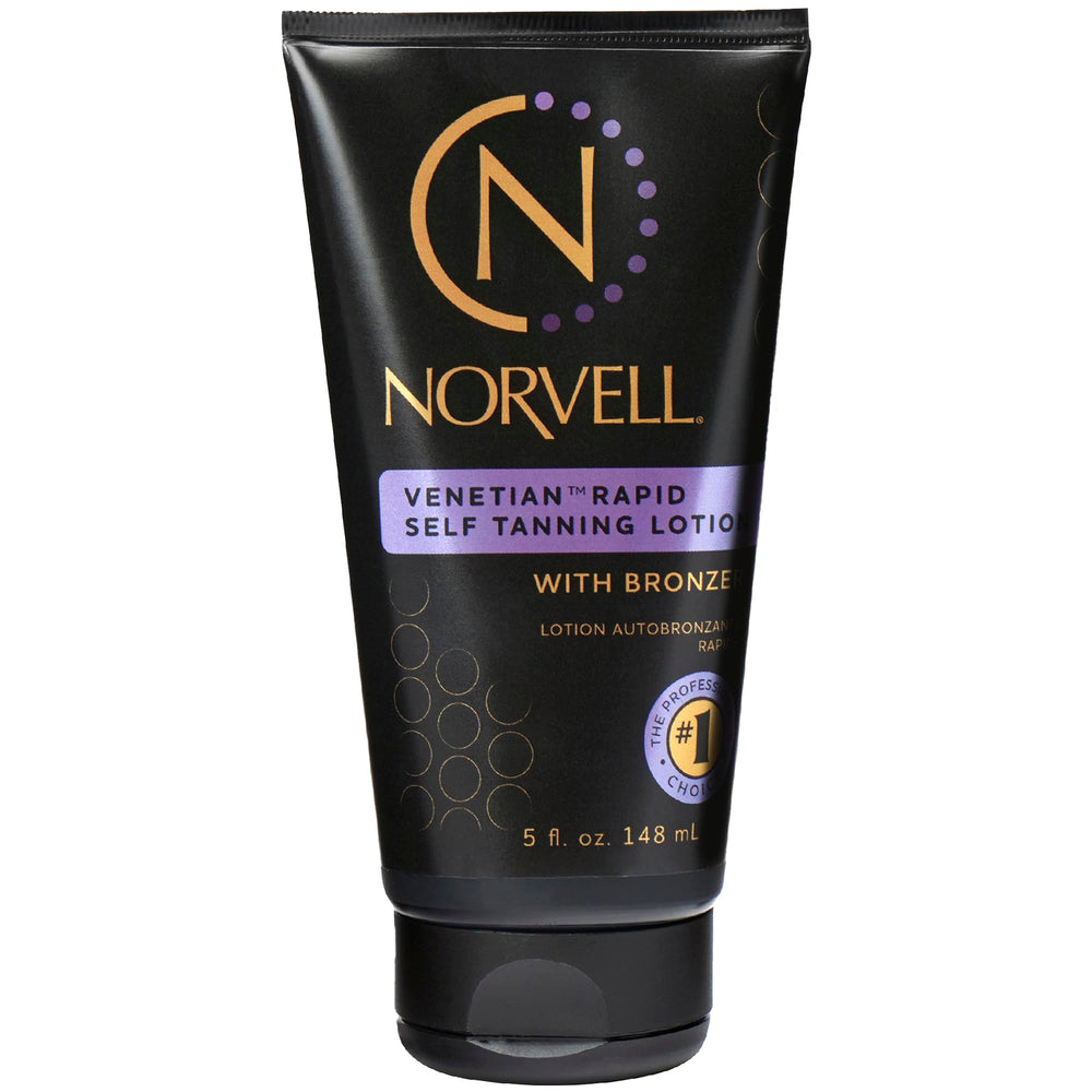 Norvell Venetian Rapid Sunless lotion bottle showing smooth, streak-free bronze glow.