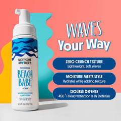 Not Your Mother's Beach Babe Texturizing Foam crunch-free-hair demonstrates non-sticky texture for straight to wavy hair.