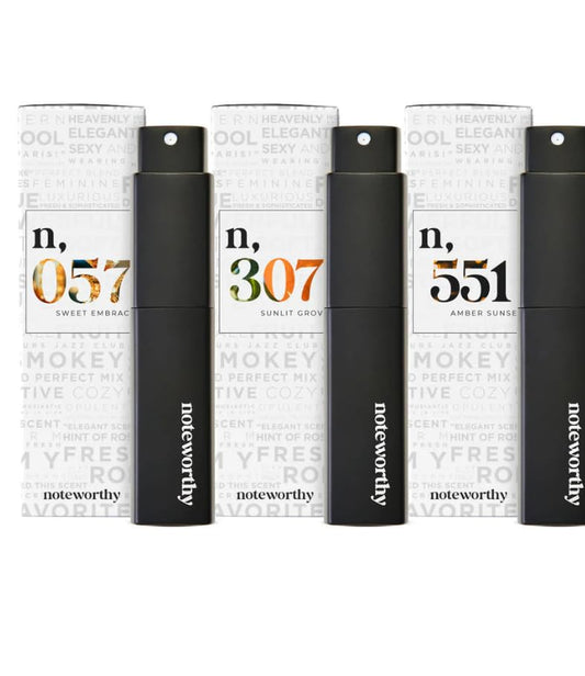 Noteworthy Essentials Trio box and packaging showcasing three portable travel sprays for on-the-go scent