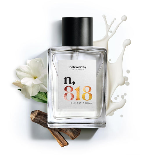 Noteworthy n,818 Almost Friday bottle shows a warm, sophisticated fragrance for daily elegance.