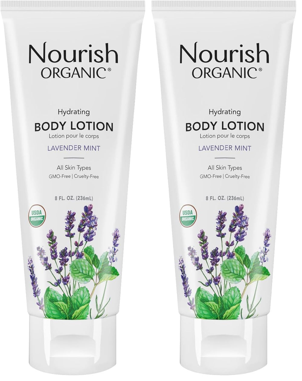 Nourish Organic Lavender Mint lotion bottle demonstrates intense hydration for dry skin.