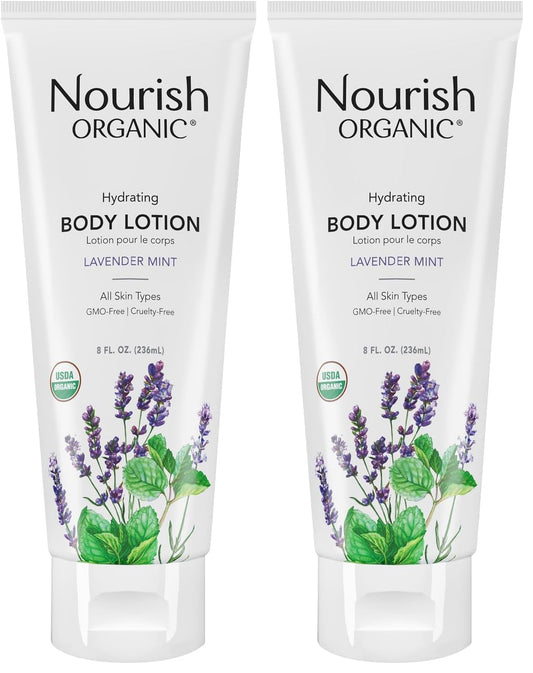 Nourish Organic Lavender Mint lotion bottle demonstrates intense hydration for dry skin.
