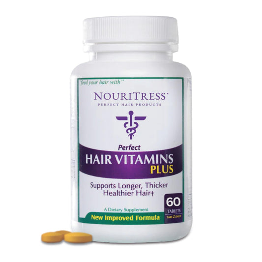 NouriTress Perfect Hair Vitamins Plus bottle on vanity for daily hair nourishment
