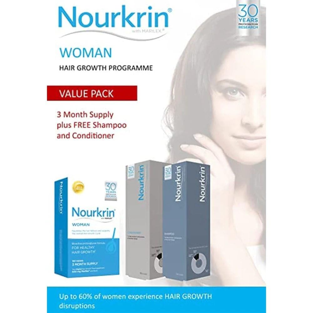 Nourkrin Woman tablets close-up highlighting daily nutrition support.