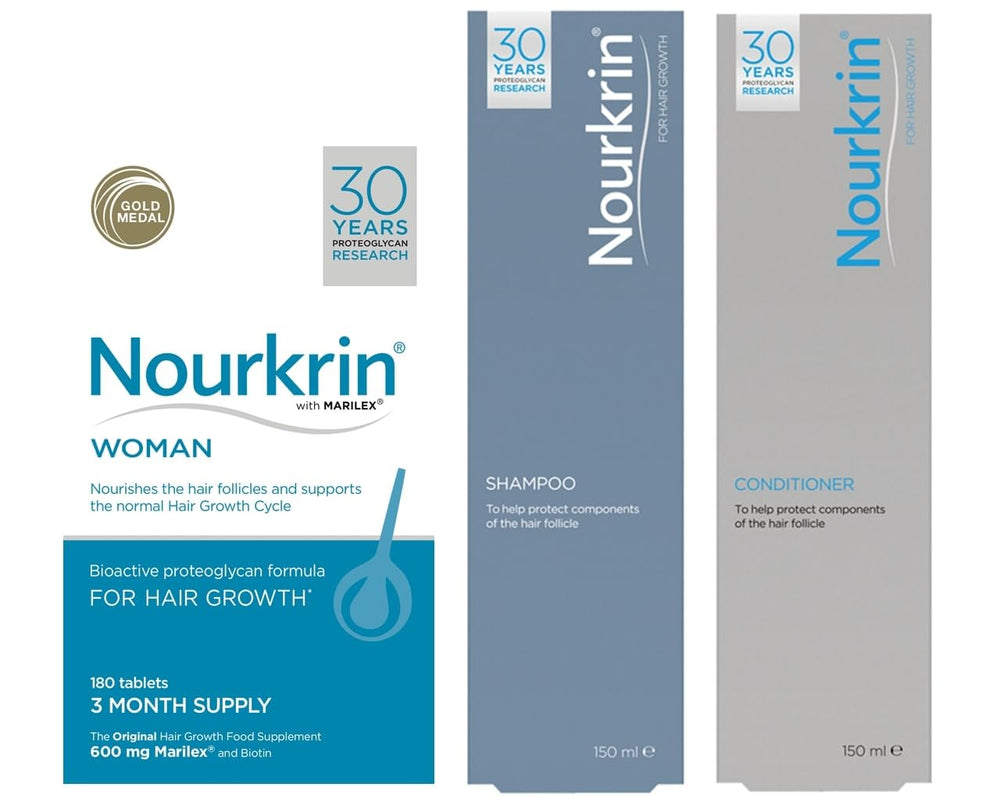 Nourkrin Woman free shampoo bottle for scalp care with value pack.