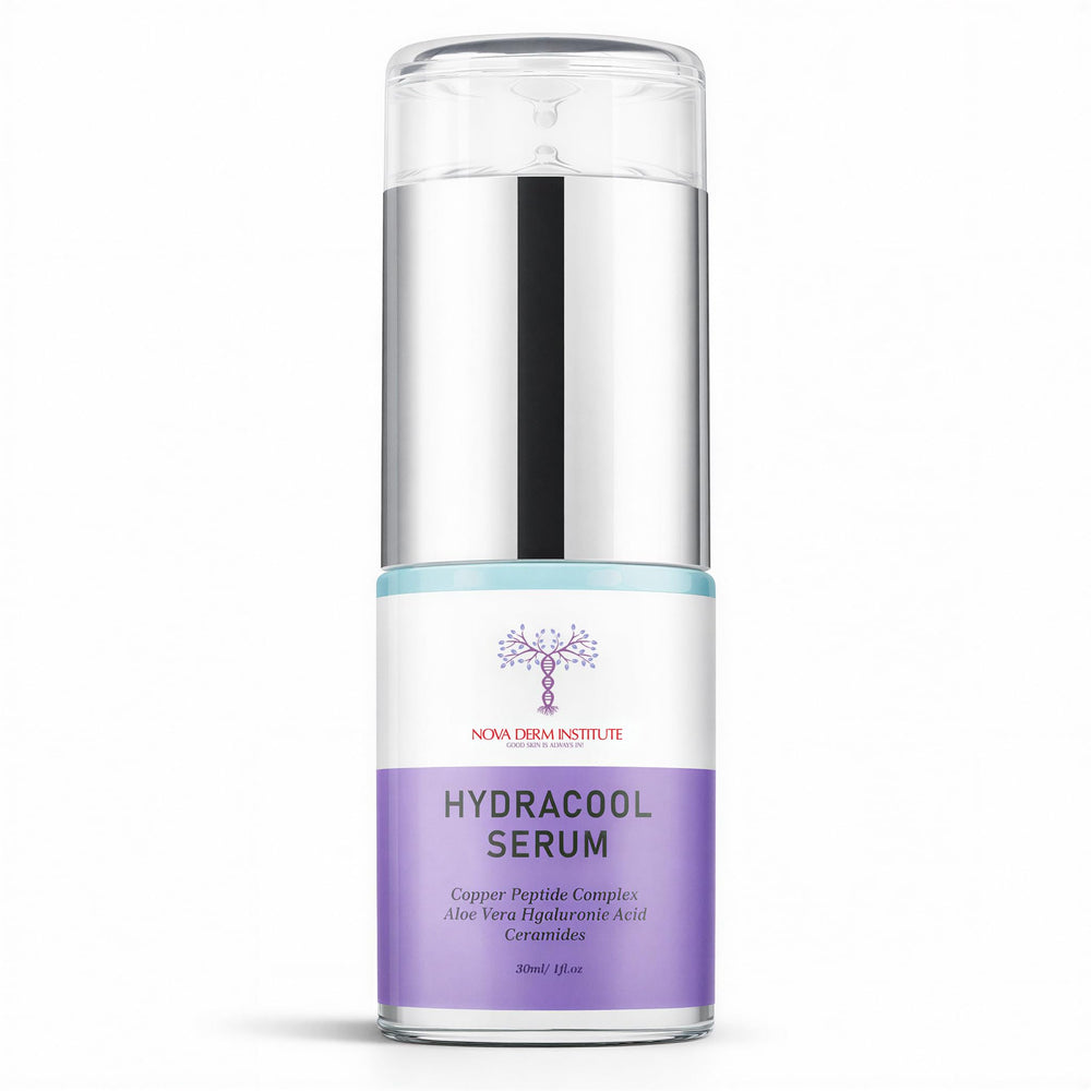 Nova Derm Institute lightweight serum bottle close-up for daily, non-greasy hydration