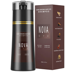 NOVA DYE shampoo bottle front for quick gray coverage in one wash.