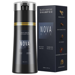 Nova DYE shampoo bottle pouring for quick gray coverage at home.