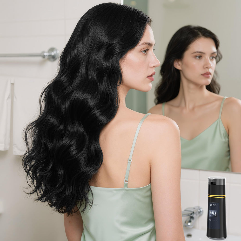 Nova DYE bottle in bathroom scene highlighting hair texture improvement.