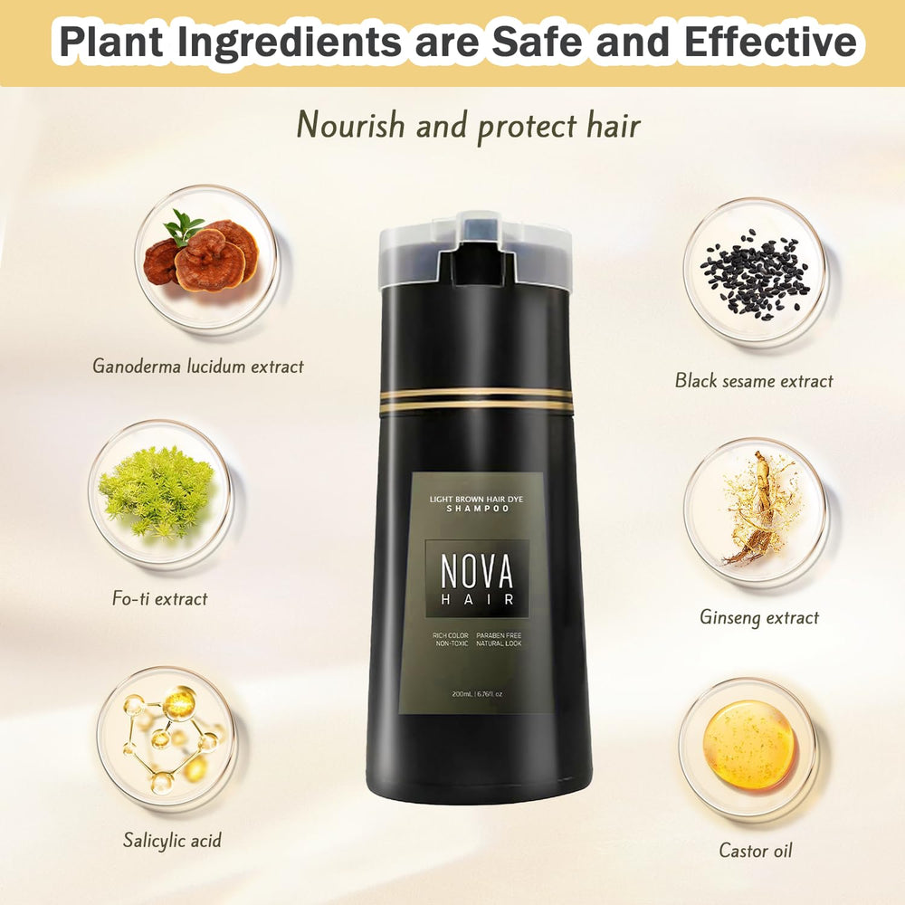 Nova Hair Dye Shampoo 3in1 bottle highlighting convenient dye, shampoo, and conditioner in one
