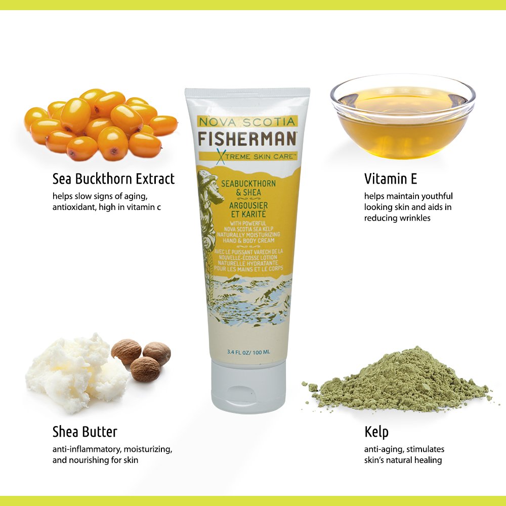 Nova Scotia Fisherman natural ingredients label emphasizes paraben-free, vegan skincare.