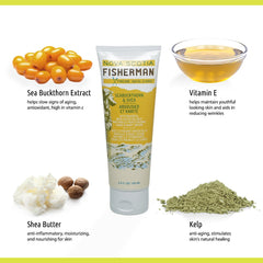 Nova Scotia Fisherman natural ingredients label emphasizes paraben-free, vegan skincare.