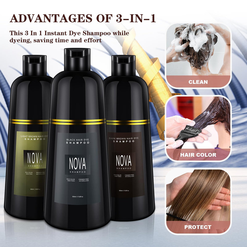 NOVA SHAMPOO at-home dye application shown for quick, convenient routine.