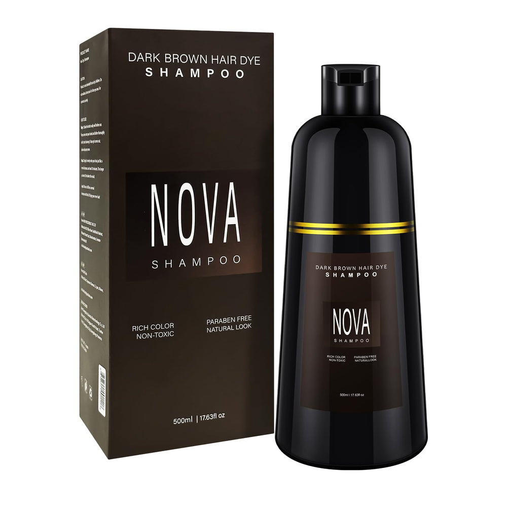 Nova Shampoo gray coverage bottle pour shows easy at-home color and conditioning
