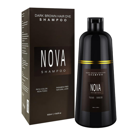 Nova Shampoo gray coverage bottle pour shows easy at-home color and conditioning