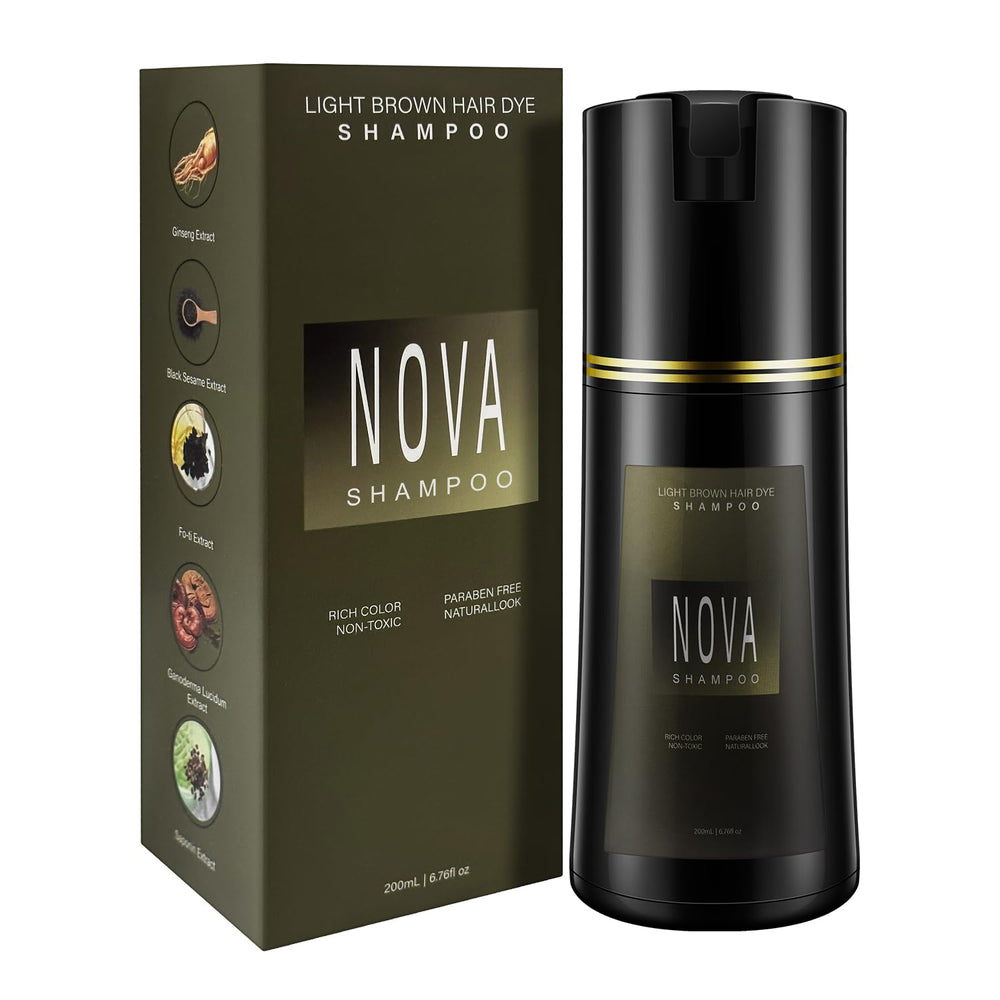 Nova Shampoo gray-coverage bottle demonstrates 3-in-1 color and care.