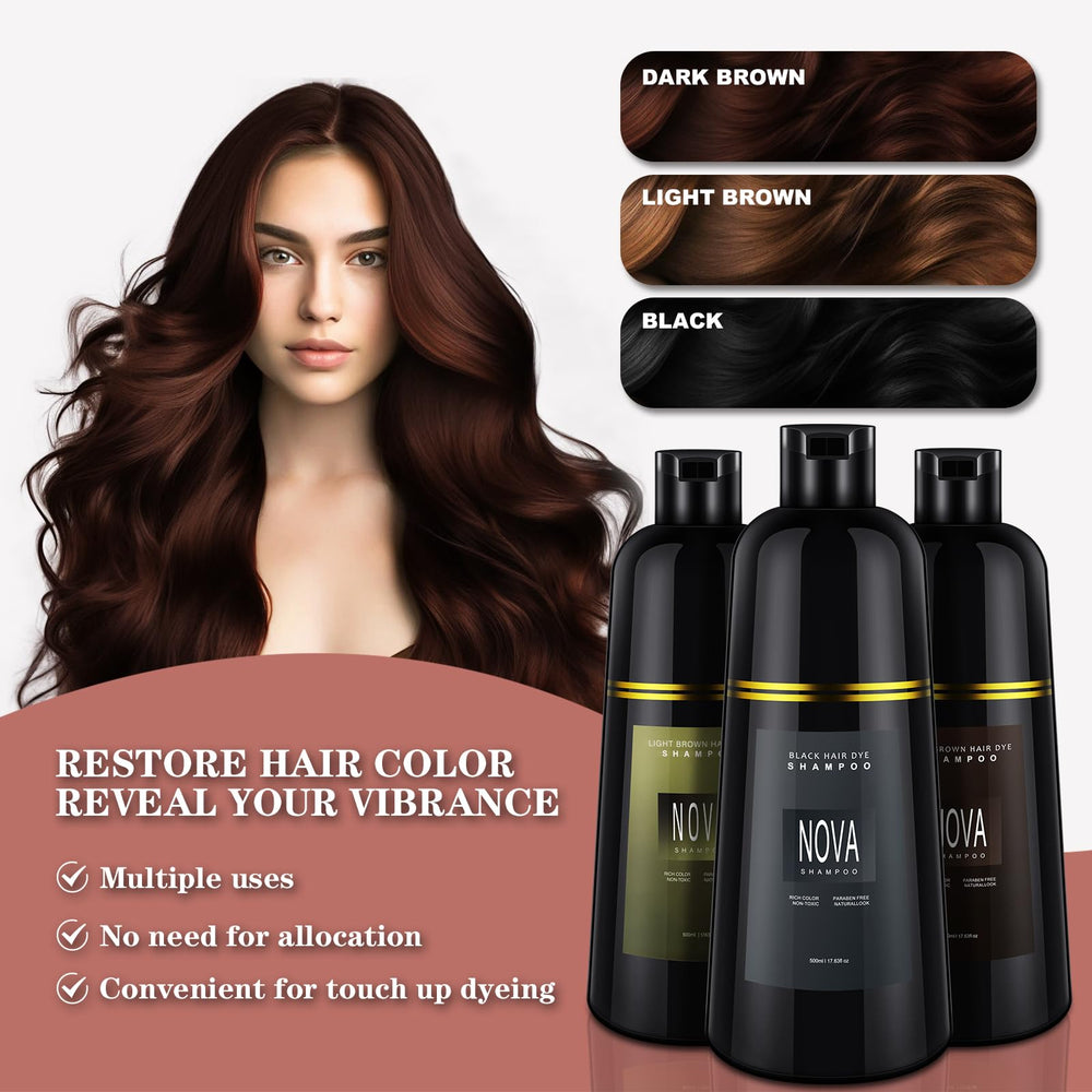 NOVA SHAMPOO timer indicates 15–20 minute processing for gray coverage.