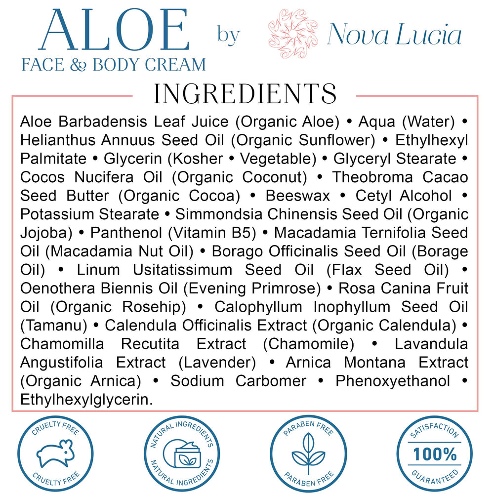 Nova Lucia Aloe Vera Cream applied to face and body for hydration and softness.