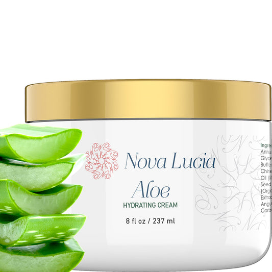 Nova Lucia Aloe Vera Cream packaging close-up for clean, premium skincare.