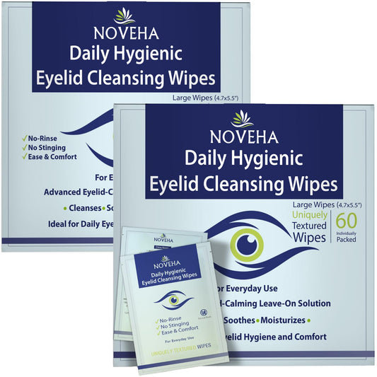 NOVEHA daily eyelid wipes for at-home hygiene and makeup removal.