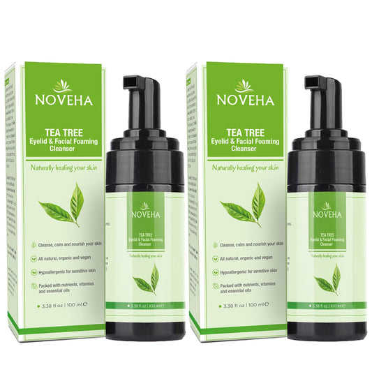 NOVEHA Tea Tree Oil Foaming Cleanser bottle on counter for daily eyelid hygiene.