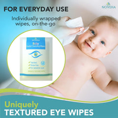 NOVEHA tear-free baby wipes safely remove secretions and debris around baby eyes.