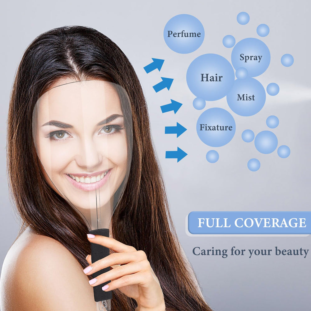 Noverlife sponge-handle face shield highlighting easy grip during hairdressing sessions.