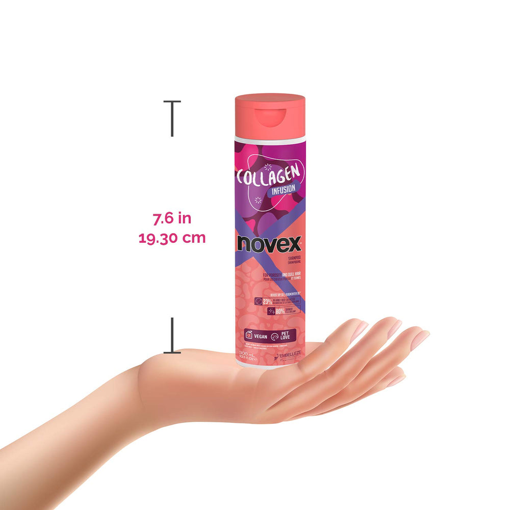 NOVEX hair care routine shown on a bathroom countertop.