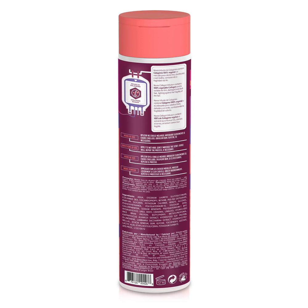 NOVEX shampoo bottle pouring signaling preparation for a cleansing routine.