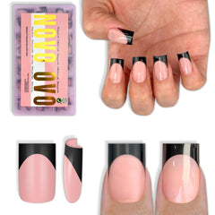 NOVO OVO black French tip nails close-up in baby pink for salon-ready look