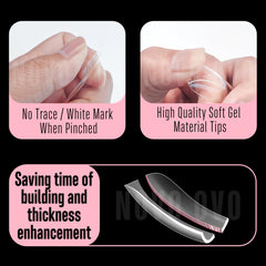 NOVO OVO curved tips shown with gel, acrylic, and dip powder compatibility.