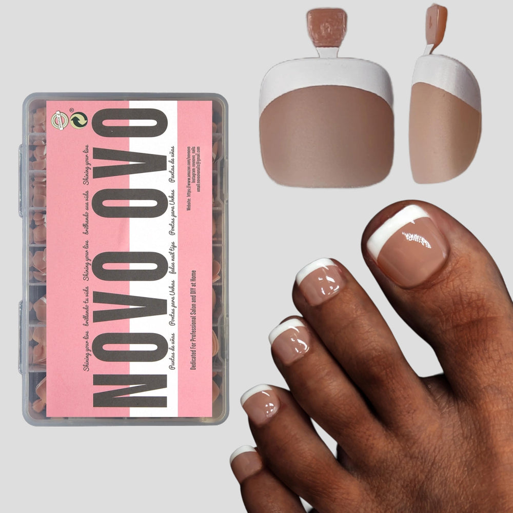 NOVO OVO fake toe nail tips with primer and base coat for easy French pedicure.