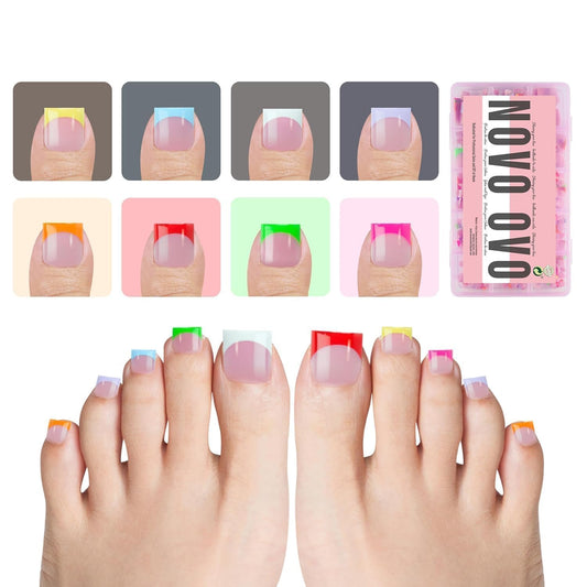 NOVO OVO French Tip Toe Nail Tips in mixed summer colors for quick at-home pedicure.