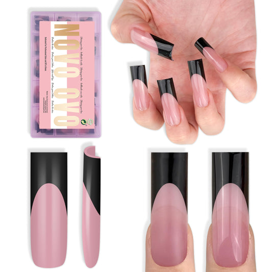 NOVO OVO long-sharp-square black French tip nails for quick at-home manicures.