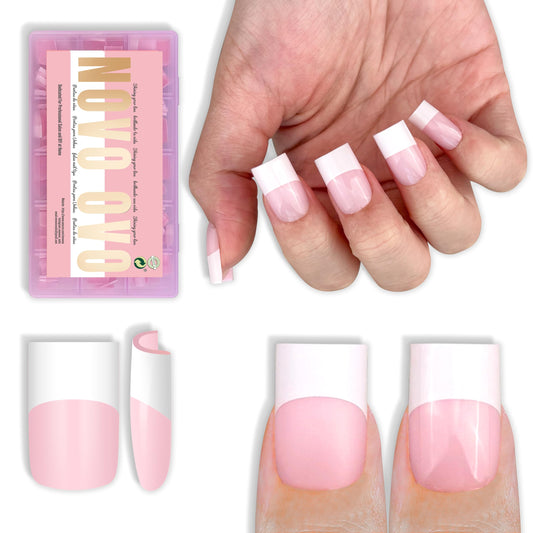 NOVO OVO old-school white French tip nails in short square shape for quick DIY manicure.