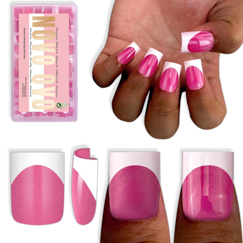 NOVO OVO short sharp square white French tip nails for quick at-home manicure.