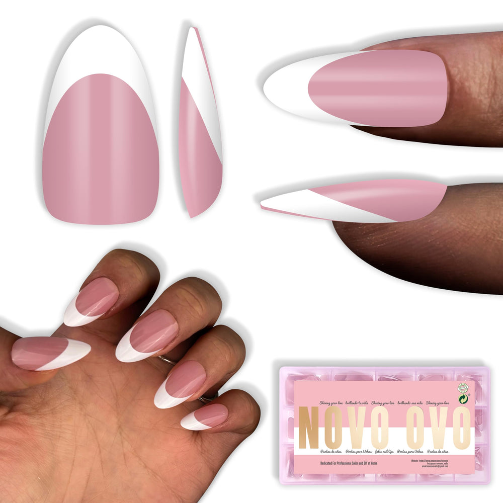 NOVO OVO white French tip almond nail tips berry pink for a quick at-home manicure.