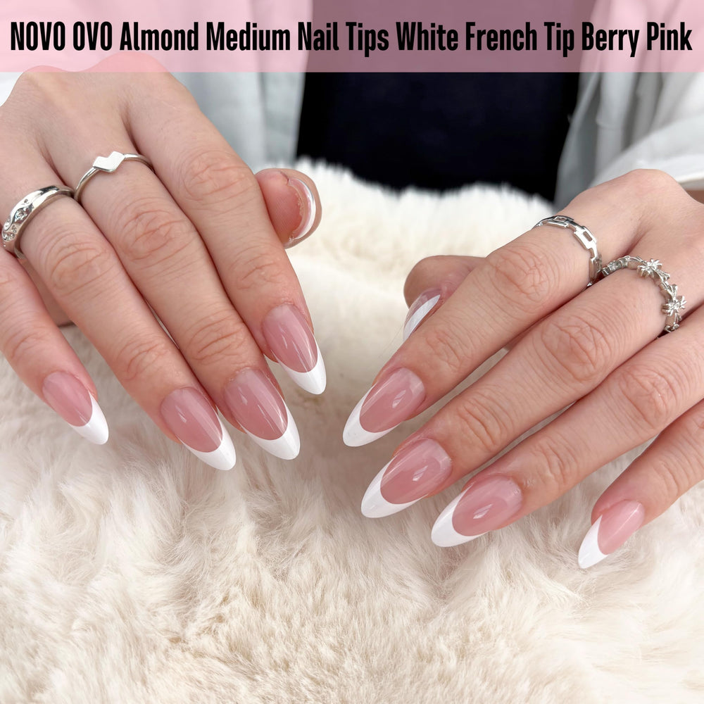 NOVO OVO white French tip almond nail tips berry pink with extra thickness for durability.