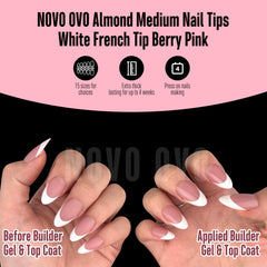 NOVO OVO white French tip almond nail tips berry pink compatible with builder gel and top coat.