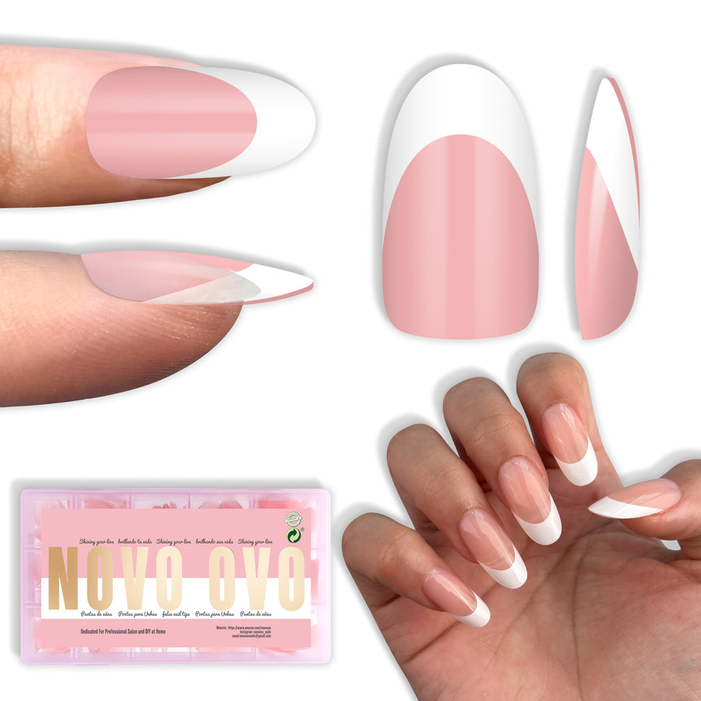 Novo OVO white French tip oval nails package for quick at-home manicure.