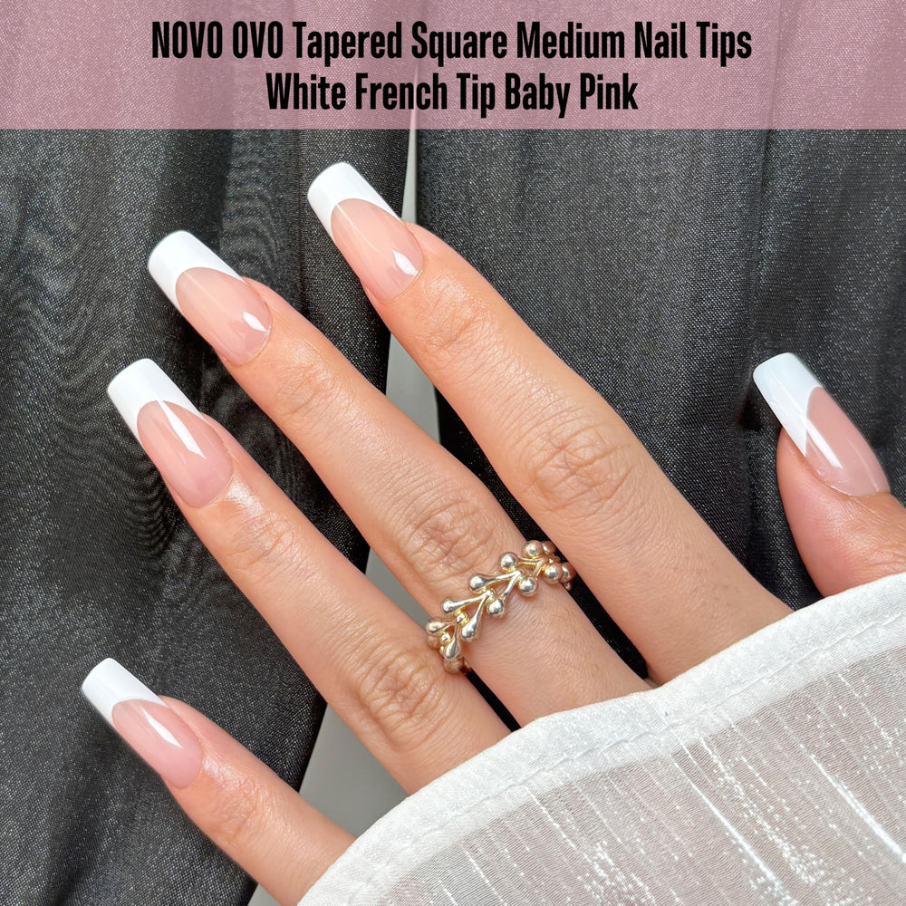 NOVO OVO baby pink French tip nails with thick soft gel edge ideal for durable wear
