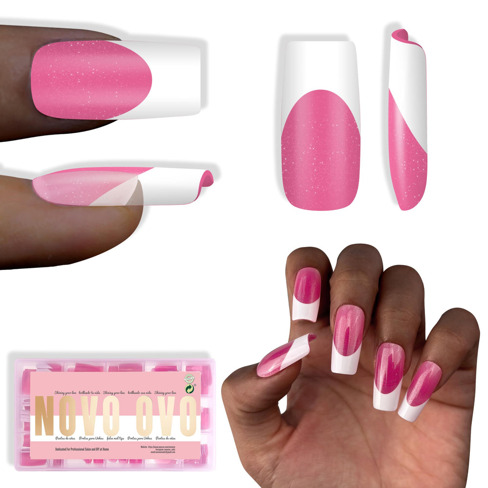 NOVO OVO White French Tip Square Nail Tips in Rose Pink ready for quick manicure