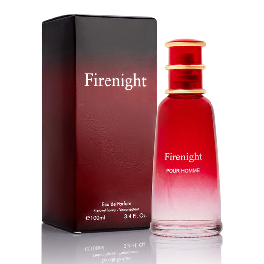 NovoGlow Firenight bottle front view, bold masculine silhouette for daily wear.
