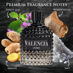 NovoGlow Valencia UOMO bottle captures mineral salt accents pairing with vetiver for an edgy vibe.