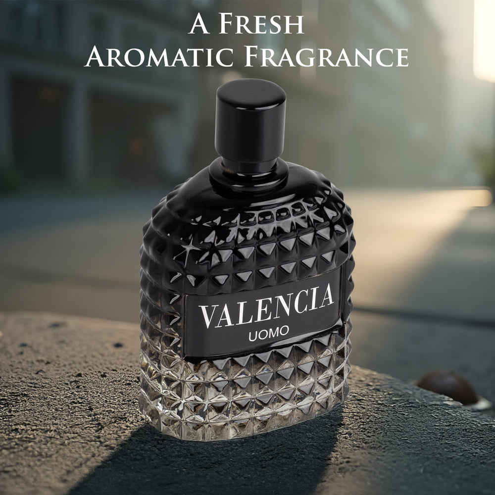 NovoGlow Valencia UOMO bottle base highlights woody notes with vetiver for lasting appeal.